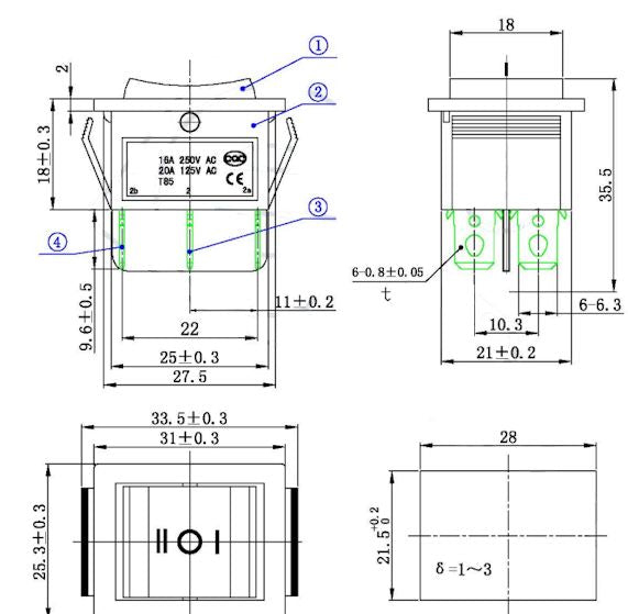 Seapro® - Wippschalter | EIN/AUS/EIN | 6 poliger Taster | 12 Volt  -250V/AC,16A - CE